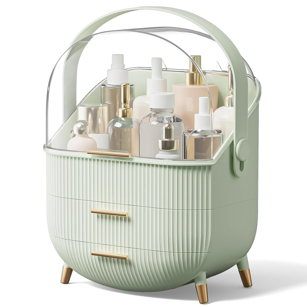 Makeup Organizers, Make Up Organizer for Vanity, Countertop Cosmetic Storage with Drawers and Transparent Cover for Bedroom Bathroom, Light Green