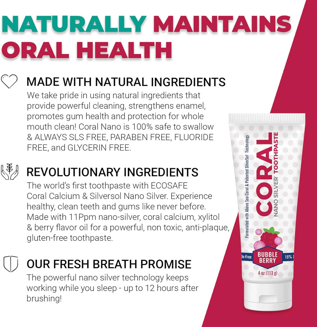Coral Nano Silver Bubble Berry Kids Toothpaste, Natural Fluoride Free Teeth Whitening Toothpaste, Coral Calcium Nano Silver Infused SLS Free - 4 Ounces