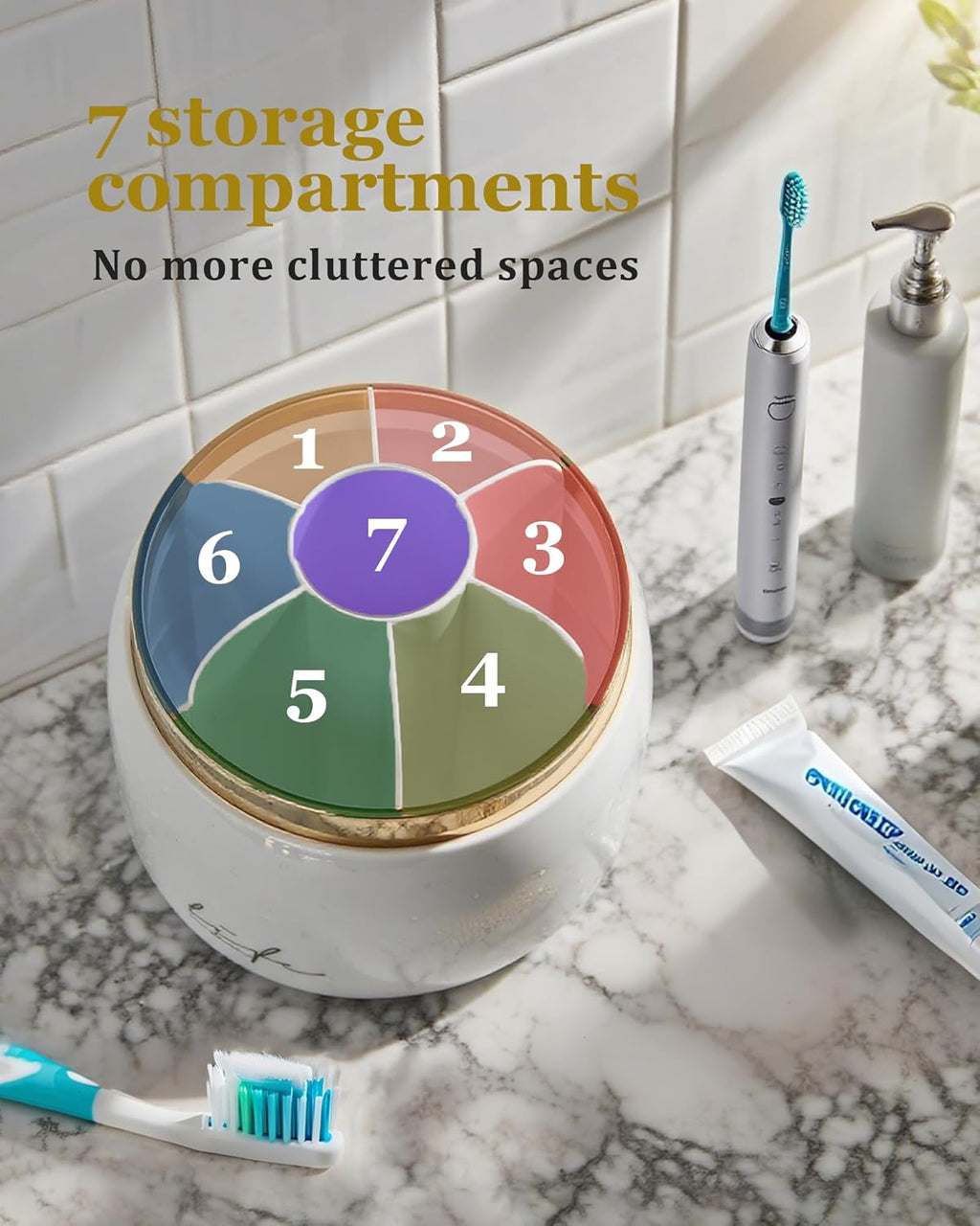 bubooo 360° Rotating Toothbrush Holder for Bathroom - Non-Slip Space-Saving 7-Slot with Cover & Drainage, Electric Toothbrushes/Toothpaste/Razor Organizer for Counter Vanity (White)