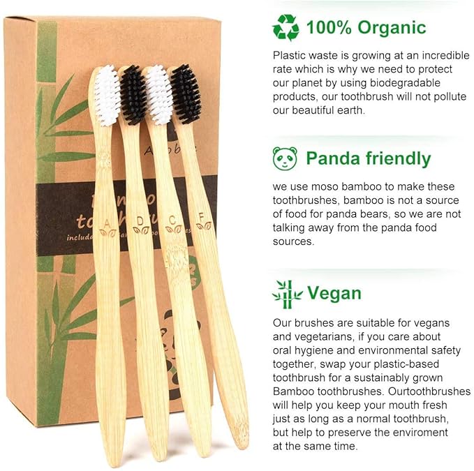 12 Pack Bamboo Toothbrushes, Biodegradable Bamboo Toothbrush, BPA Free Soft Bristles Toothbrushes, Eco-Friendly Compostable Natural Wooden Toothbrush, Organic Charcoal (Black + White)