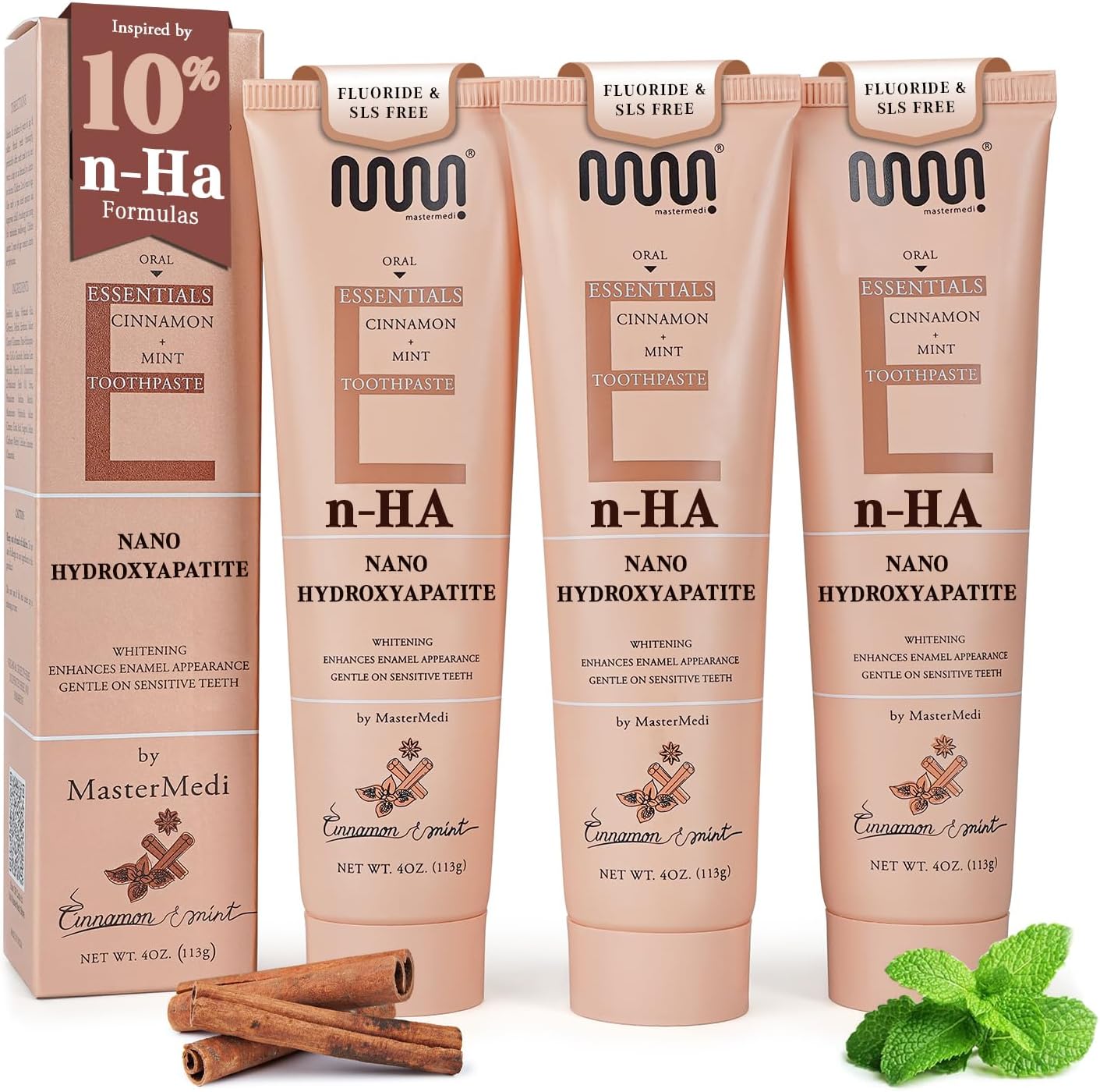 MasterMedi Nano Hydroxyapatite Toothpaste (Inspired by 10% nHA Formulas), Fluoride-Free, Whitening & Sensitivity Relief, Enamel Repair Support, SLS-Free, Xylitol, Mint & Cinnamon 4 Oz (Pack of 3)