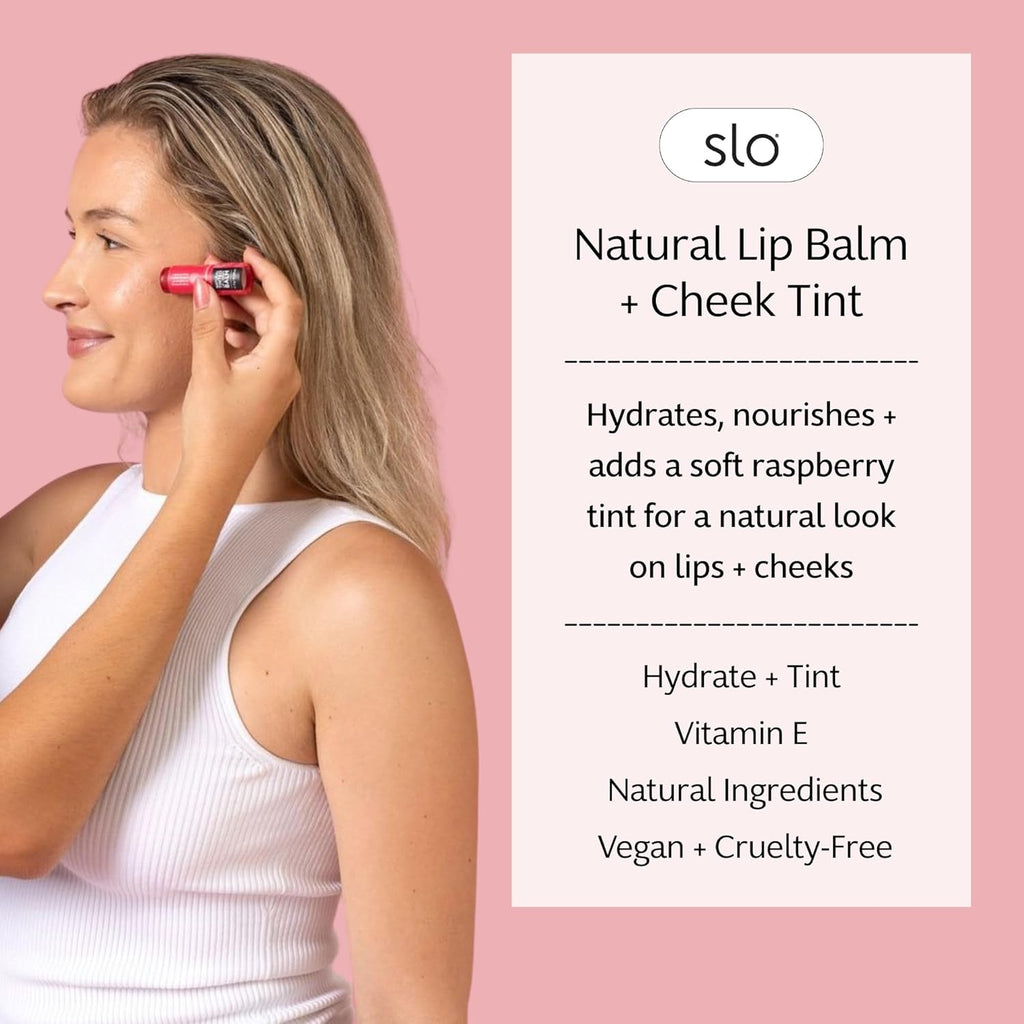 Slo | Natural Lip Balm - All Natural Ingredients, Vegan & Cruelty Free, Hydrating & Soothing, Plastic Free, Paper Packaging | Raspberry + Rosehip, (0.28oz/8g)