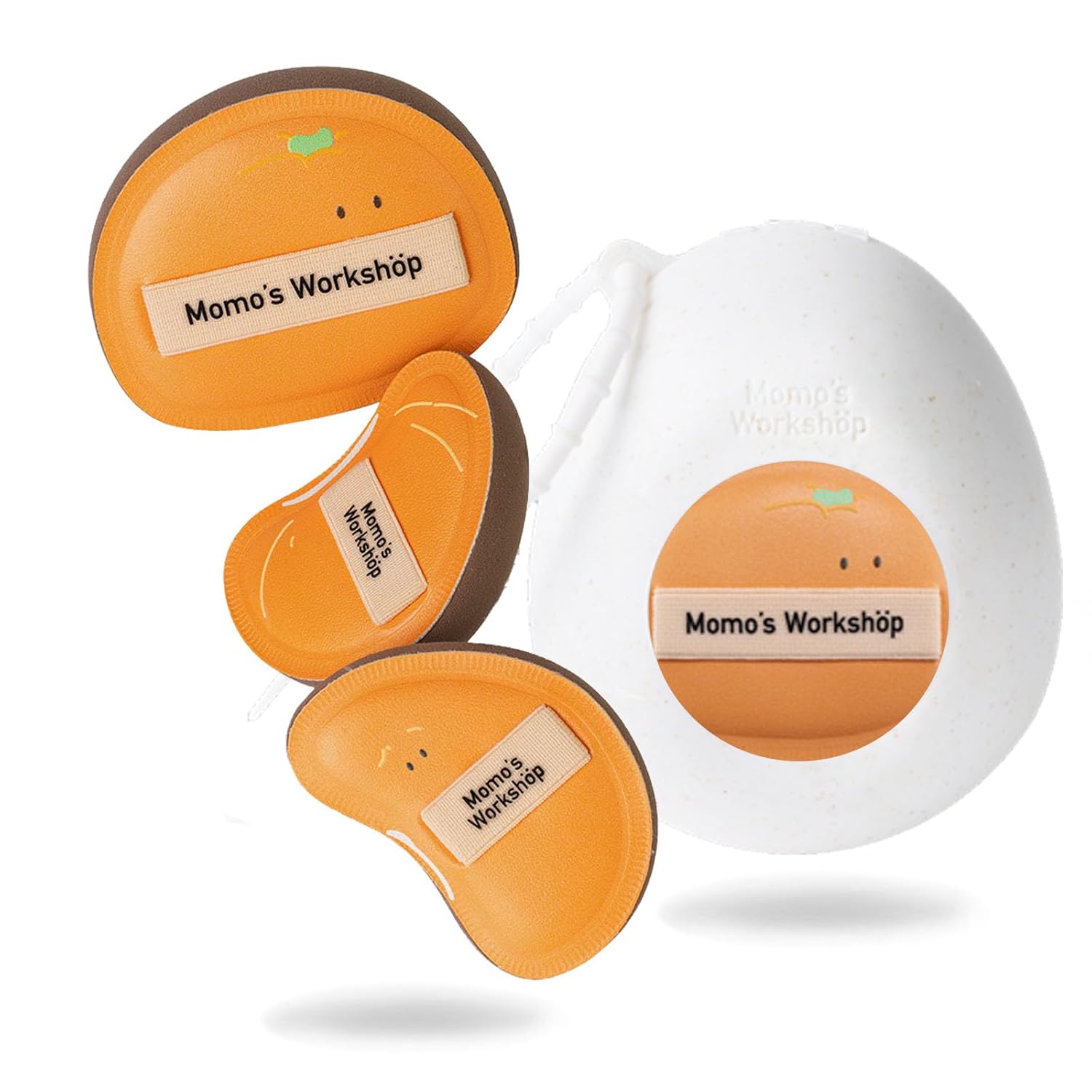 Momo's Workshop Orange Makeup Sponge Set (3pcs) – Large Soft Bounce & Small Firm Bounce PU Leather Puff, Rubycell Blender Sponge for Liquid & Cream Makeup & Storage Case