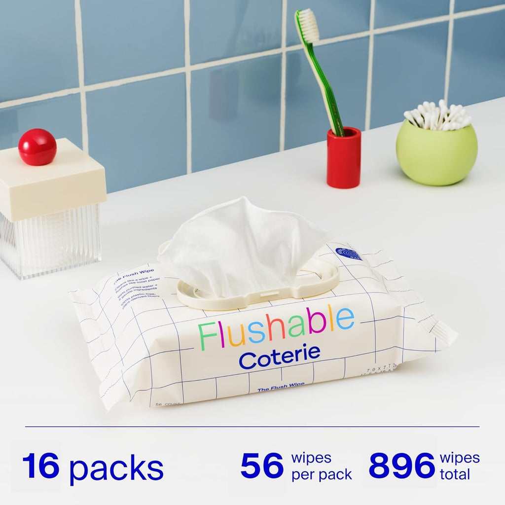 Coterie Flushable Wipes for Toddlers, Designed for Potty Training, Safe for Sensitive Skin, Hypoallergenic, 99% Water, Plant-Based, Fragrance Free, Sewer & Septic Safe, 16 Pack (448 Wipes)