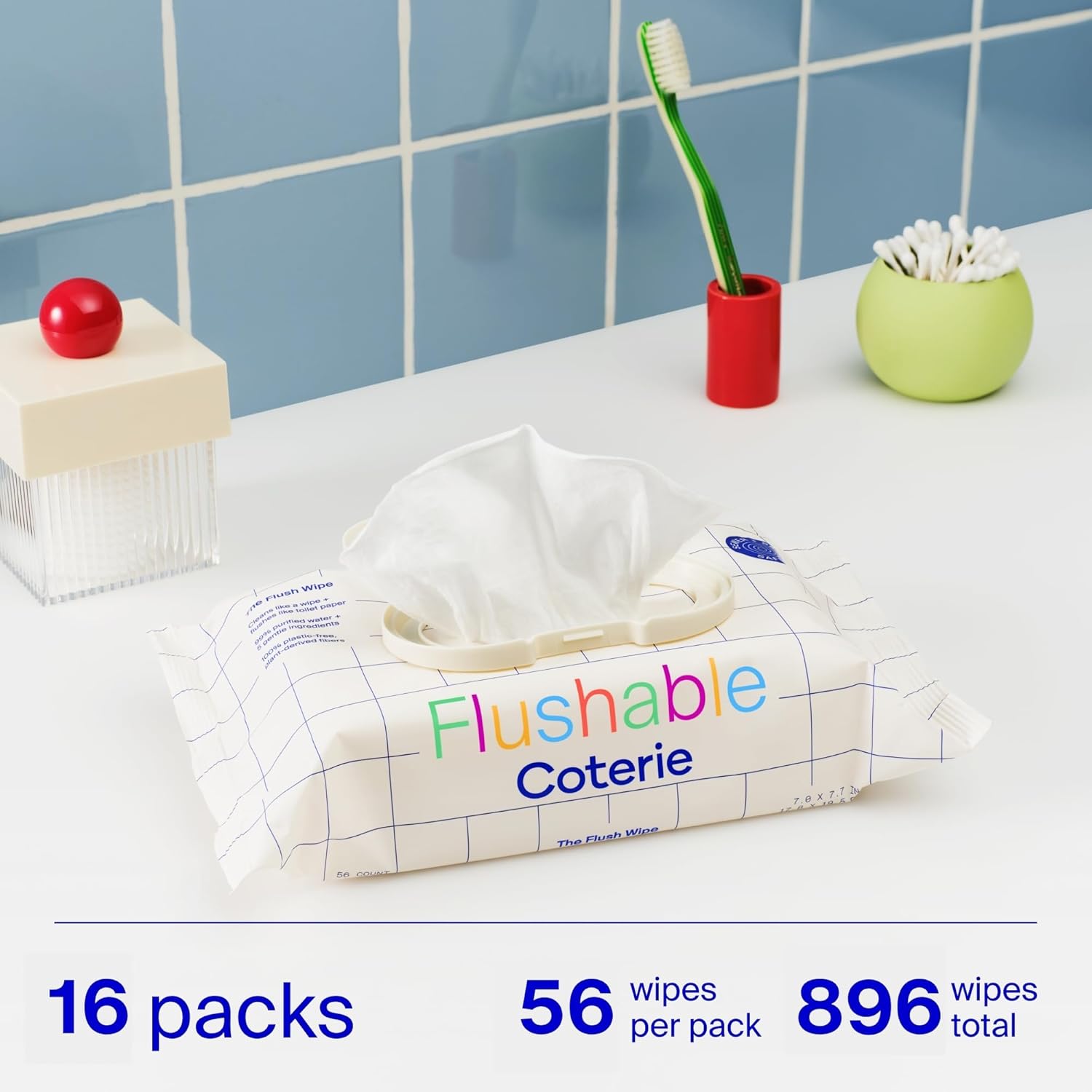 Coterie Flushable Wipes for Toddlers, Designed for Potty Training, Safe for Sensitive Skin, Hypoallergenic, 99% Water, Plant-Based, Fragrance Free, Sewer & Septic Safe, 16 Pack (448 Wipes)