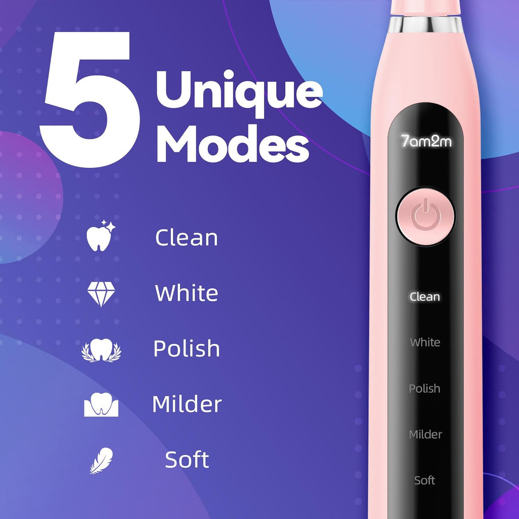 7AM2M Sonic Electric Toothbrush for Adults High Power Rechargeable Toothbrushes with 6 Brush Heads,5 Adjustable Modes, Built-in 2-Minute Smart Timer,3 Hours Fast Charge for 45Days Pink
