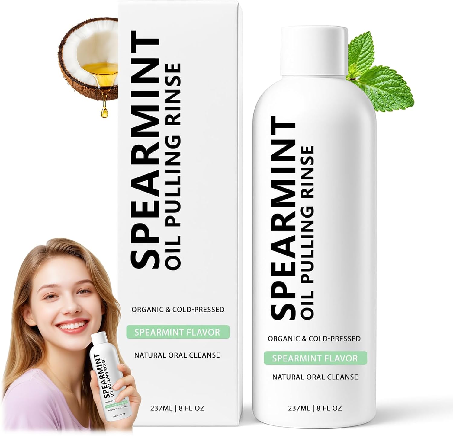 Spearmint Oil Pulling Rinse, Cold-Pressed Coconut Mouthwash for Teeth Whitening, Natural Peppermint Pulling Oil, for Breathe Mouth,Gentle Deeply Cleans (8FLOZ)