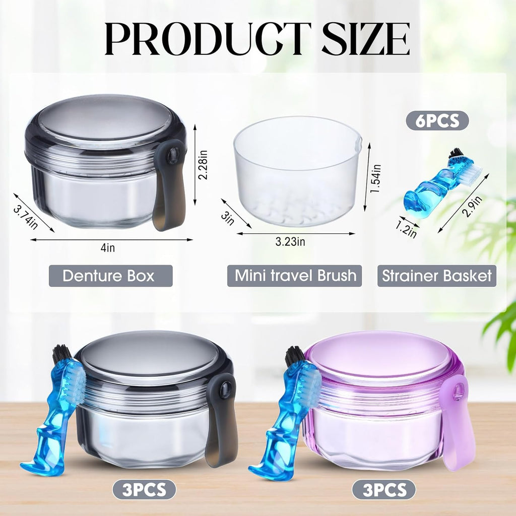 Sieral 6 Pcs Denture Case, Leak Proof Denture Bath Cup for Travel, False Teeth Container Cups for Soaking Full & Partial Dentures, Retainers, False Teeth Cleaning Kit Holder Box with Cleaner Brush