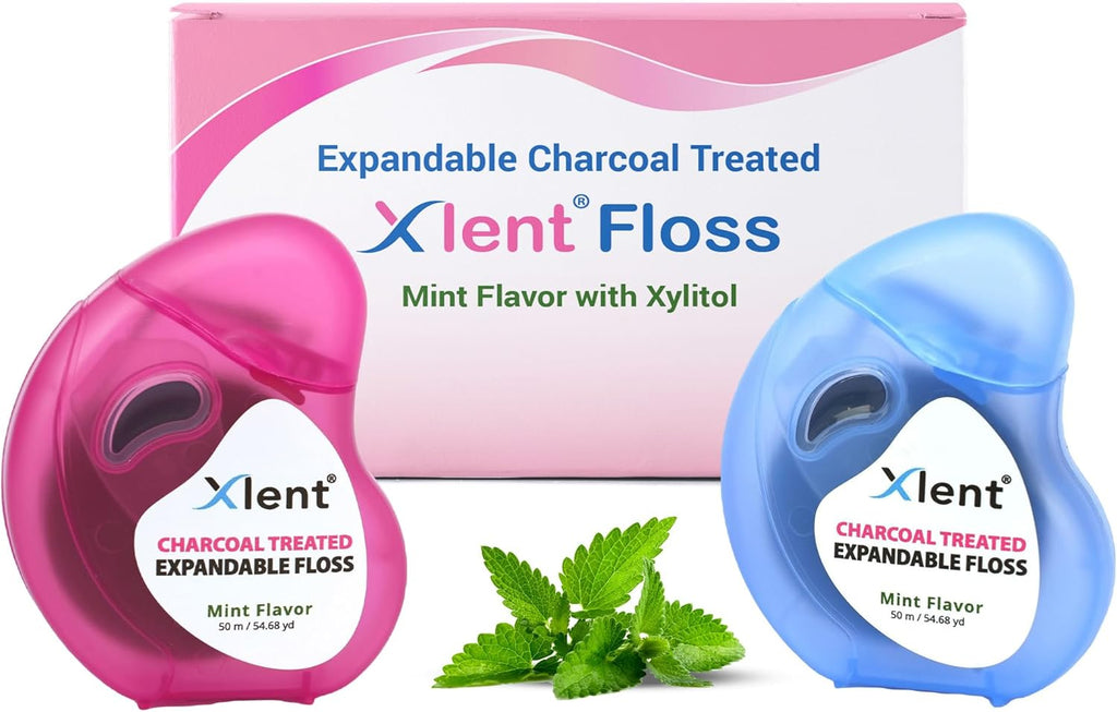 Expandable Floss Treated with Activated Charcoal with Xylitol and Natural Plant Based Wax |Fresh Mint Flavor | PFAS & PTFE Free |50 Meter x 2
