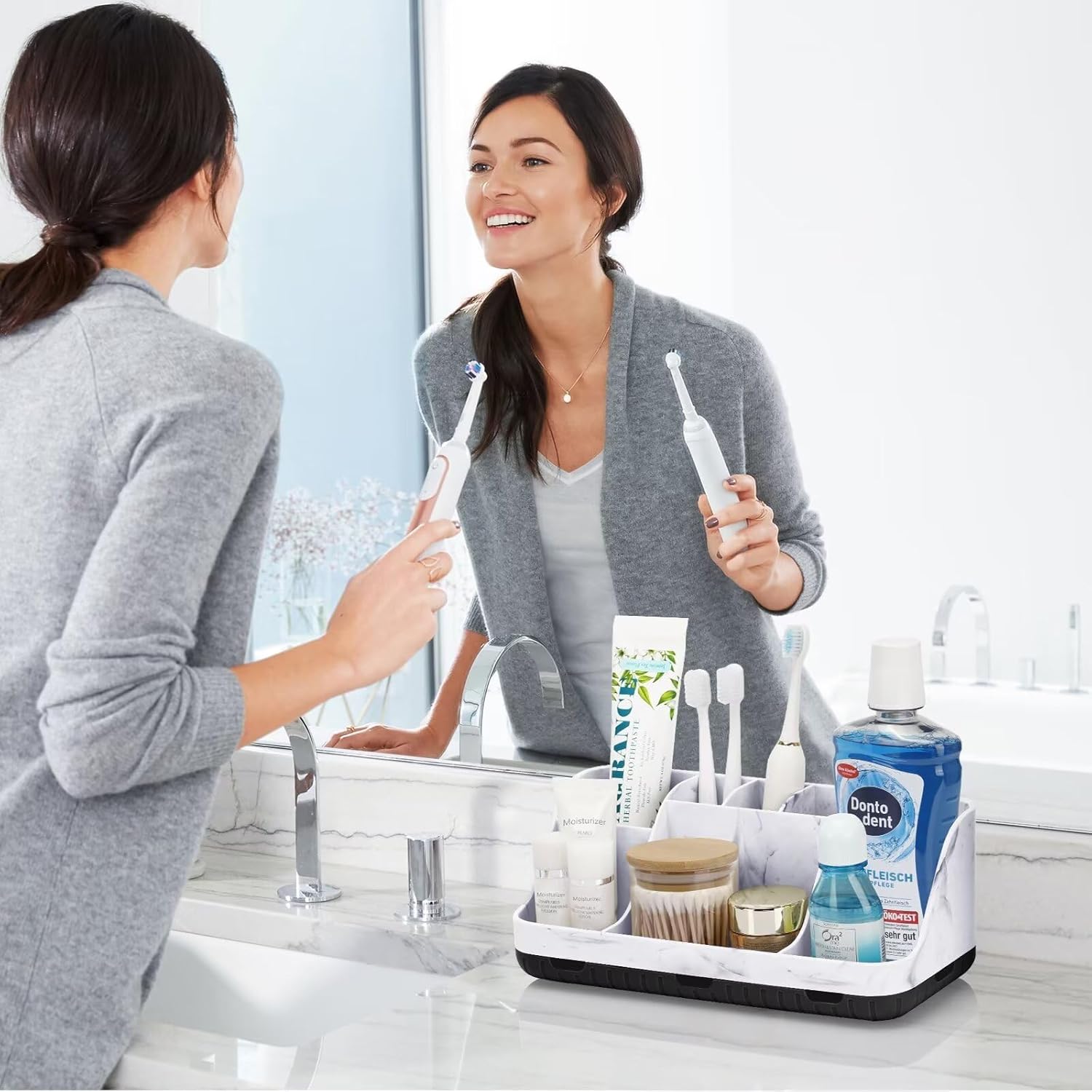 Marble Bathroom Countertop Organizer - Detachable 7 Slots Kids Electric Toothbrush and Toothpaste Holde Drainage for Bathroom Accessories Organization Counter Vanity Storage, Black