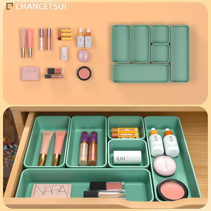 Organizer Drawers, Storage Plastic Desk Bins Stackable Organizers Tray, Bathroom Dividers Small Makeup Bin Clothes Organizing Trays for Containers Vanity Office Cabinet Desktop Compartment, Green