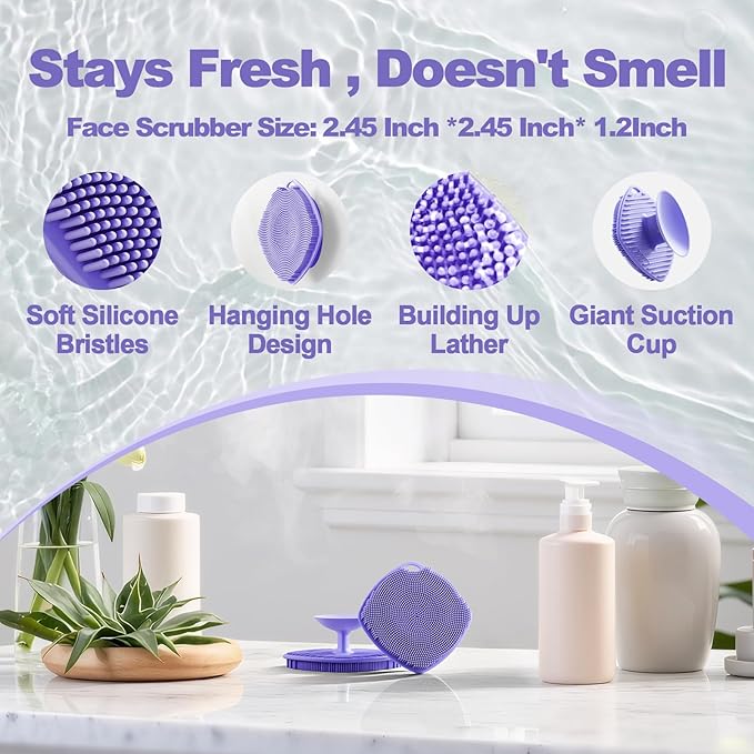 2 Pack Face Scrubbers, Silicone Face Scrubber Soft Bristles, Gentle Lather, Exfoliating & Deep Cleaning for Sensitive Skin, Giant Suction Cup Stick Securely, Easy to Store (Purple)