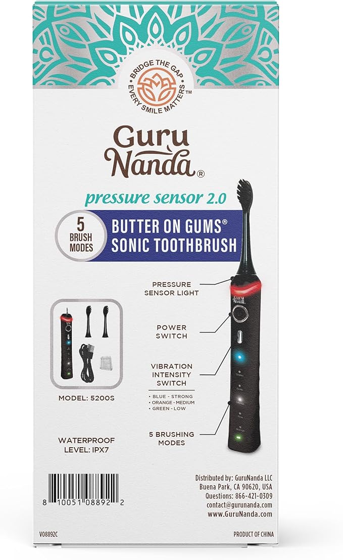 GuruNanda Pressure Sonic 2.0 Electric Toothbrush with Butter On Gums Bristles – Smart Pressure Sensor, 5 Modes, 2-Min Timer, 55-Day Rechargeable Battery, IPX7 Waterproof, Black
