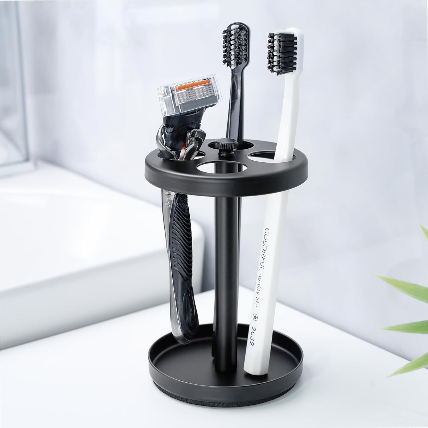 Black Stainless Toothbrush Holder Stand: Rustproof Bathroom Countertop Organizer, 4 Ventilated Slots Hold Manual Toothbrushes, Razor