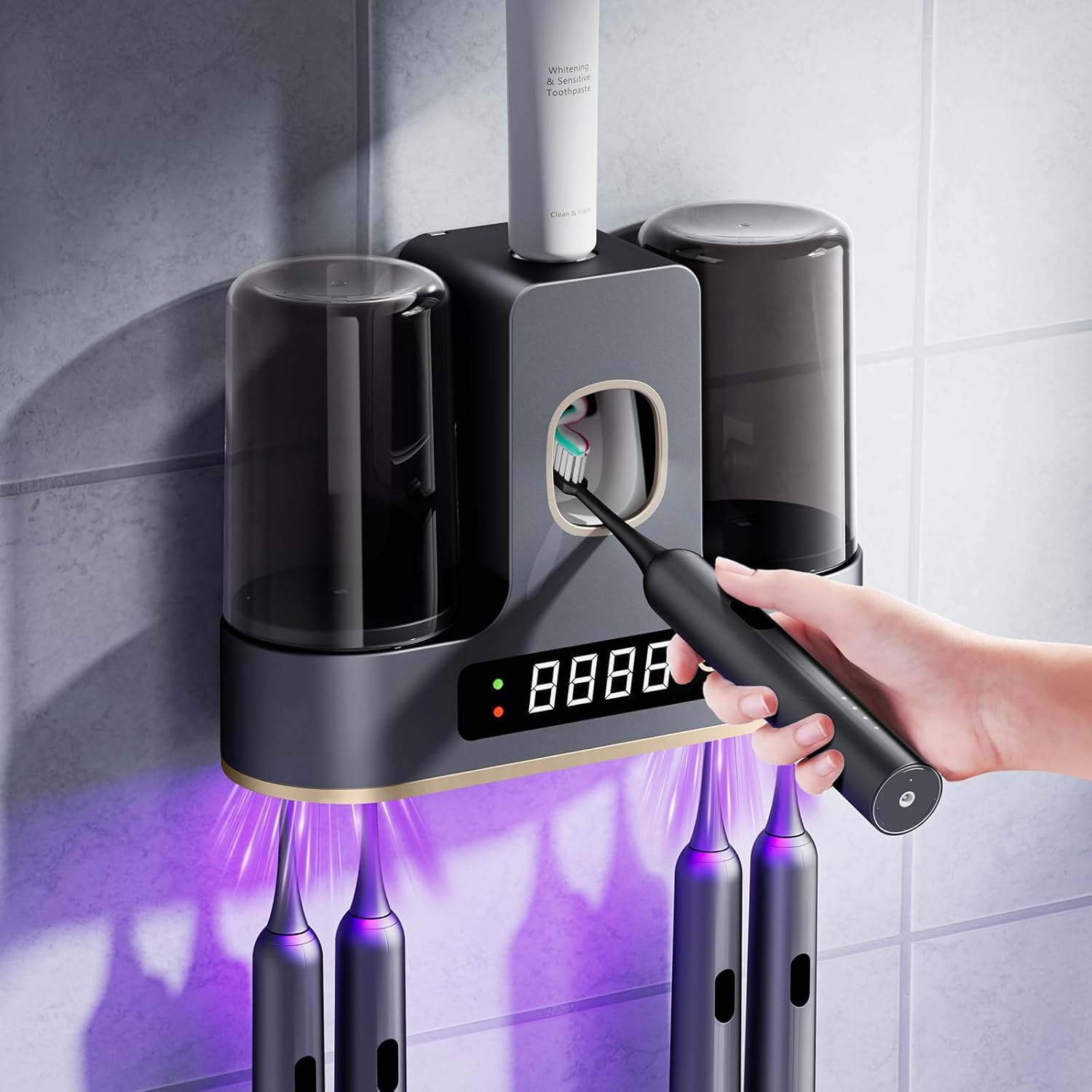 Toothbrush Holders for Bathrooms with Air-Drying, Toothbrush Sanitizer Holder with Smart Countdown LED Screen, 2 Cups Electric Toothbrush Holders Wall Mounted with Toothpaste Dispenser