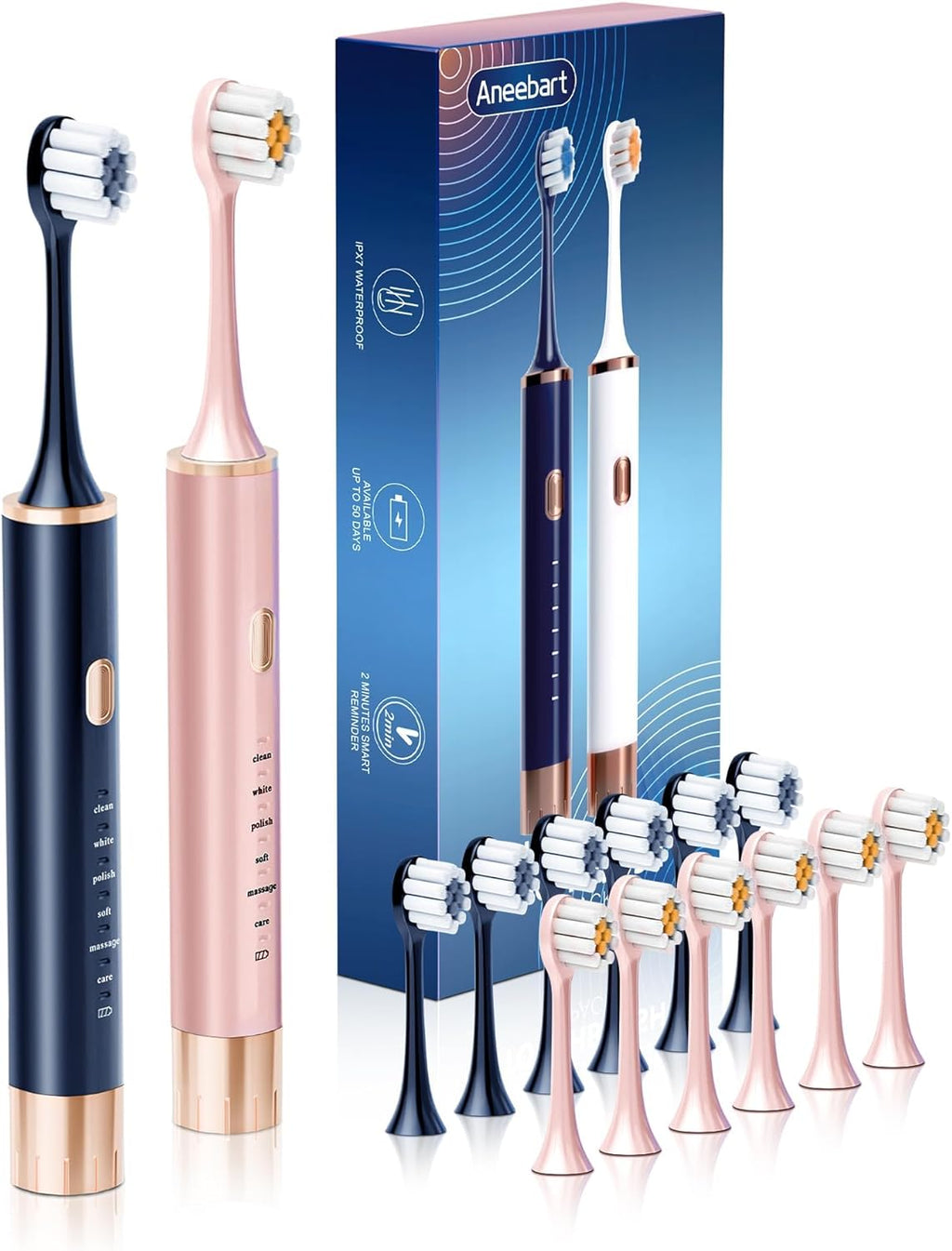 Blue & Pink Electric Toothbrush for Adults, USB Rechargeable Sonic Toothbrush with 12 Brush Heads, Smart Timer, 6 Modes, 2-Hour Fast Charge Last 30 Days