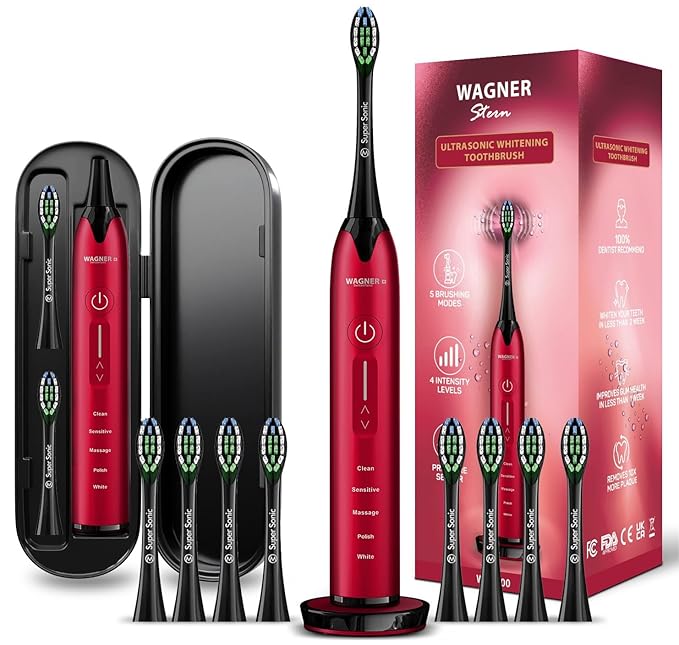 Wagner Stern Ultrasonic whitening Toothbrush with Pressure Sensor. 5 Brushing Modes and 4 Levels of Intensity, 8 Soft bristles, Travel case.