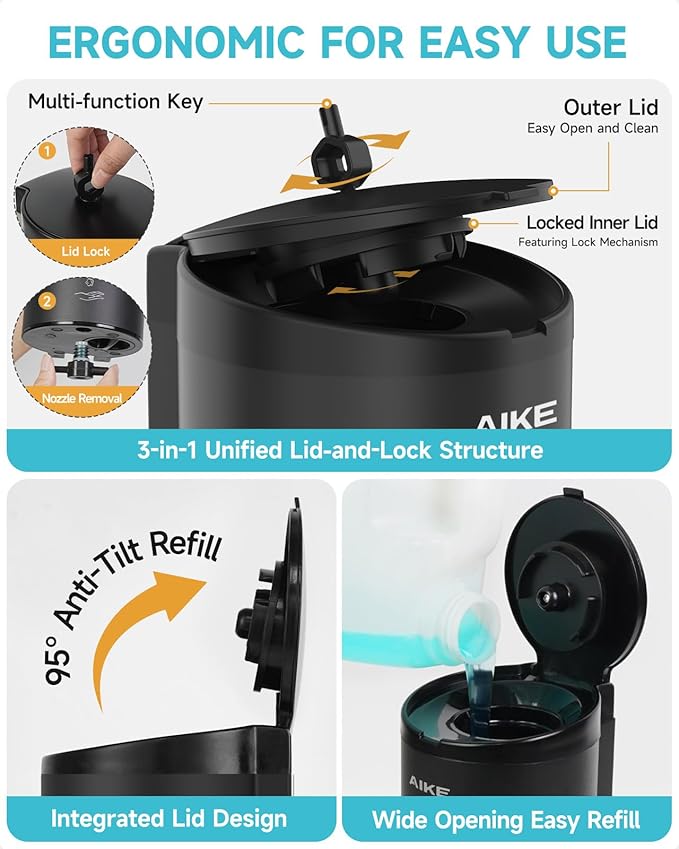 AIKE Wall Mount Automatic Foam Soap Dispenser 25 OZ Commercial Large Capacity Stainless Steel Model AK1205FA(Matte Black)