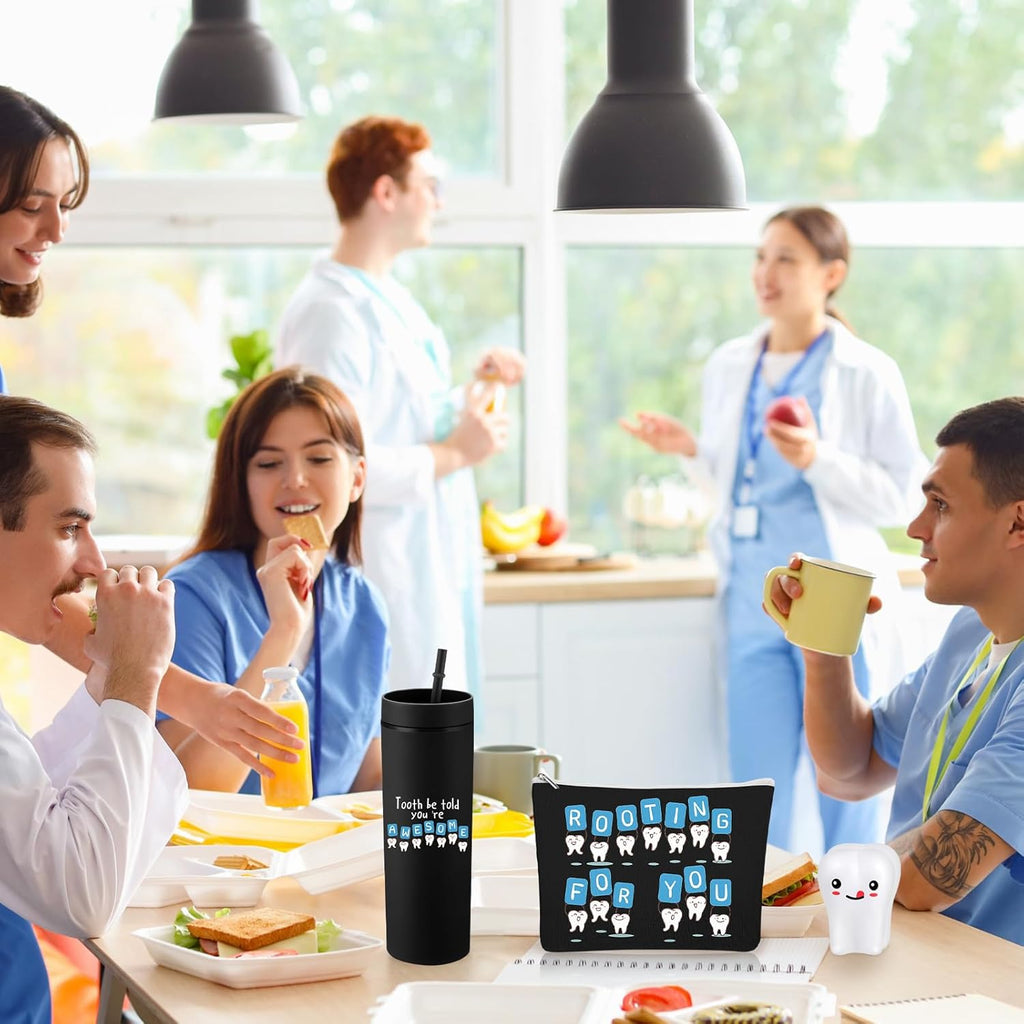 Skylety 3 Pcs Dental Hygiene Month Gifts Dental Assistant Hygienist Appreciation Gift 16oz Tumbler with Lid Cute Teeth Makeup Bag Stress Toy Employee Thank You Dentist Coworker Nurse Student(Black)