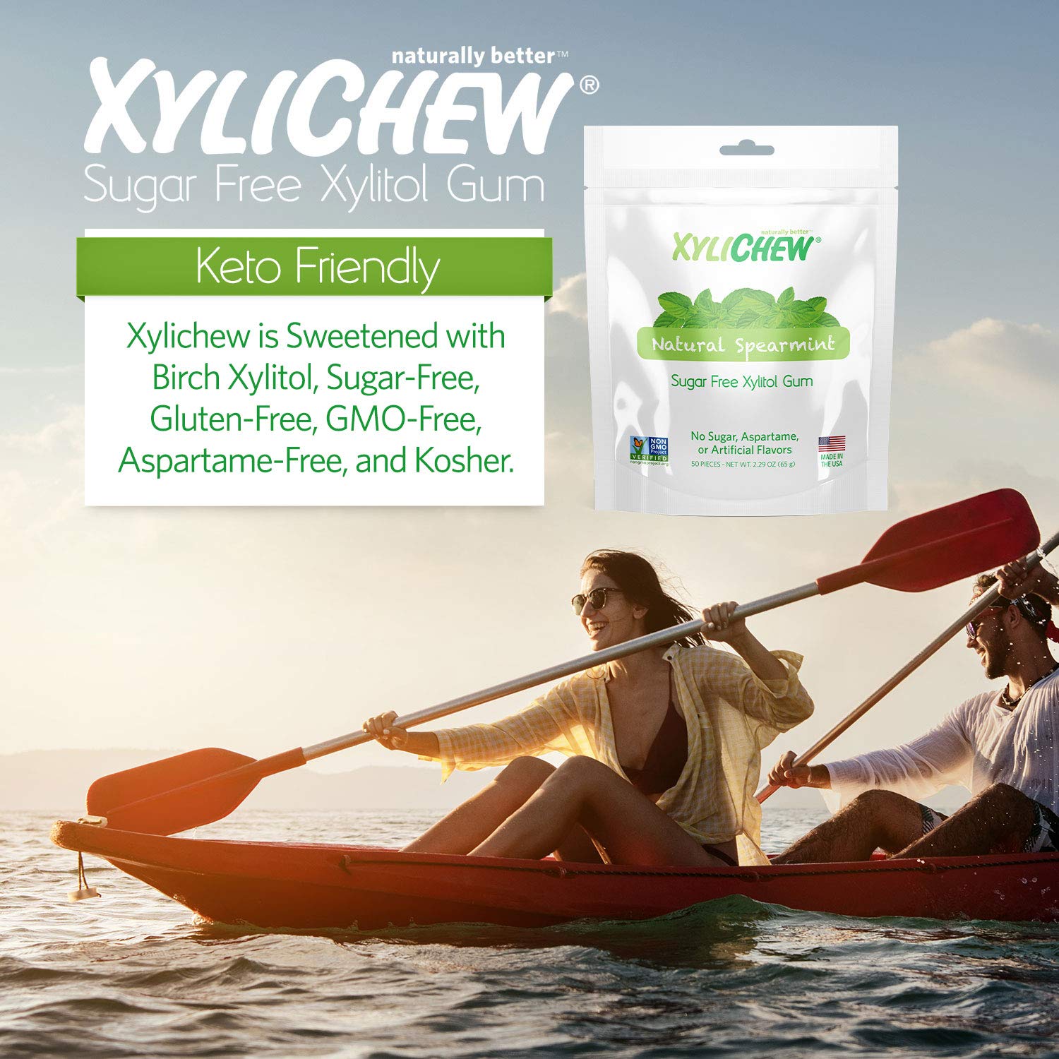 Xylichew 100% Xylitol Chewing Gum - Non GMO, Non Aspartame, Gluten Free, and Sugar Free Gum - Natural Oral Care, Relieves Bad Breath and Dry Mouth - Spearmint, 50 Count