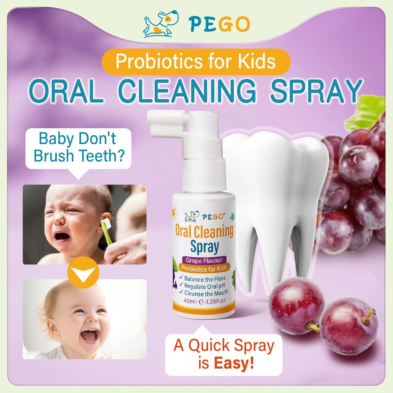 PEGO Kids Oral Spray, Toddler Toothpaste Helper for Daily Oral Care and Fresh Breath, Kid's Mouth Spray with Fluoride Free for Newborn to Preschoolers (40ml*1, Grape)