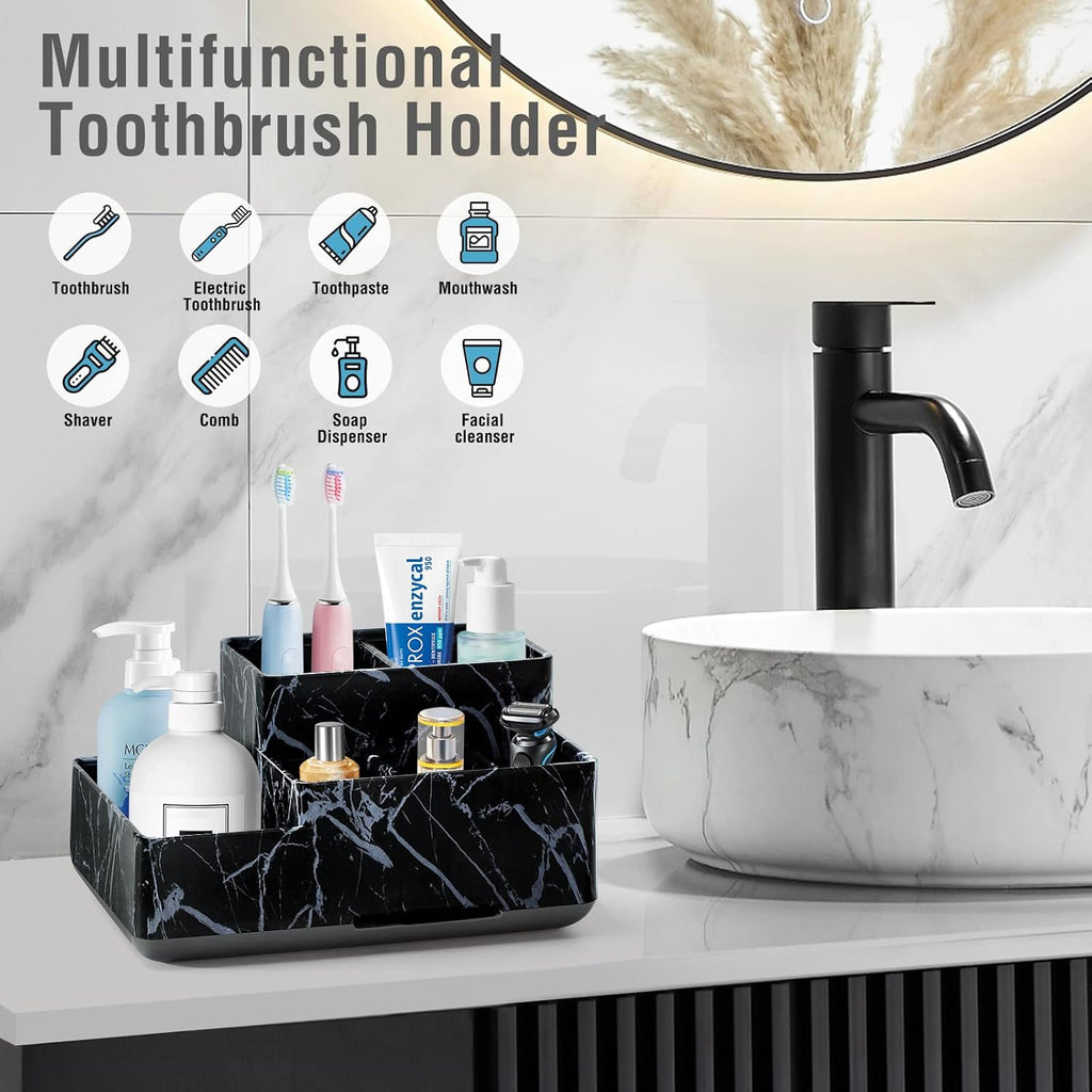Electric Toothbrush Holder for Bathroom, Plastic Bathroom Countertop Organizer Compartment, Vanity Organizer Tray,Countertop Organizer Box, Kids Desk Organizers and Storage,Black Marble Pattern