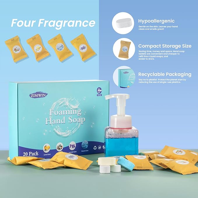 20 Pack Foaming Hand Soap Tablet Refills, 4 Scent, 12g Big Tablets, Makes 240 fl oz Soap Total, Eco Friendly Hand Wash Tablets Lemon, Coconut, Oceanic, Lavender Fragrance