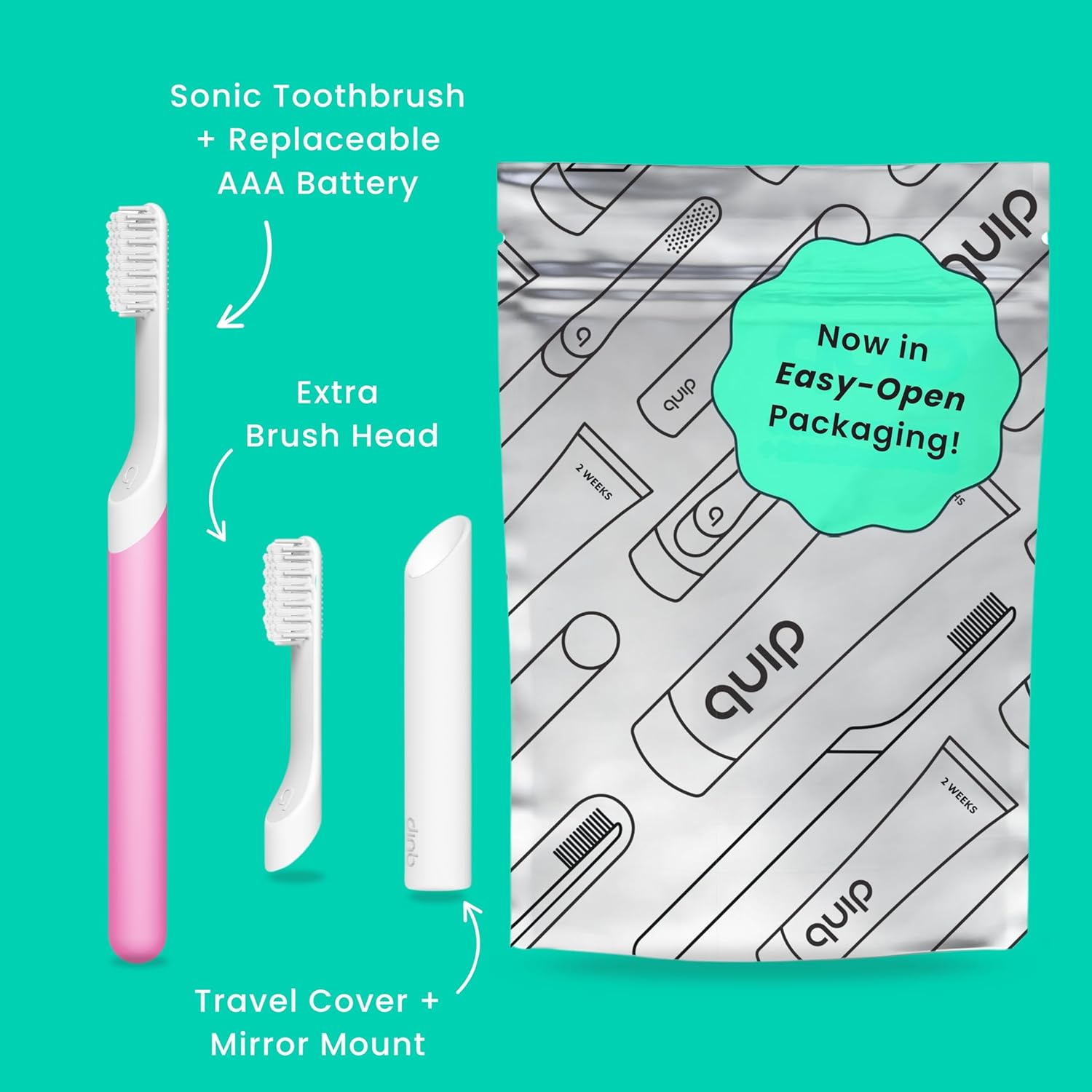 Quip Sonic Electric Toothbrush for Adults - Time Travel & Soft Bristles with Travel Case & Replacement Brush Head - 3 Month Battery Life, Plastic Handle - Magenta