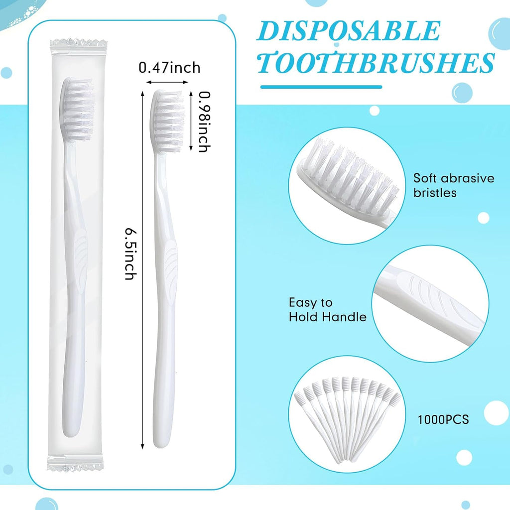 Tessco 1000 Pcs Disposable Toothbrushes Bulk Individually Wrapped Manual Soft Bristle Travel Toothbrushes Single Use Toothbrush for Homeless Hotel Toiletries Camping Office(White)