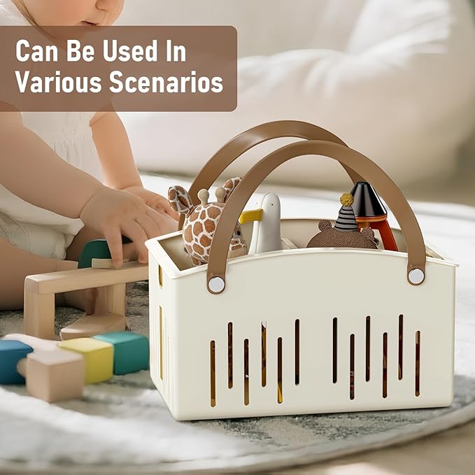 Delamu Portable Shower Basket Caddy with Double Handle Foldable Dry Wet Separation Design 11.0 × 7.1 × 6.5in, Travel, Camping, Gym, College Bathroom Tote, White, Ideal Christmas Gifts for Girls