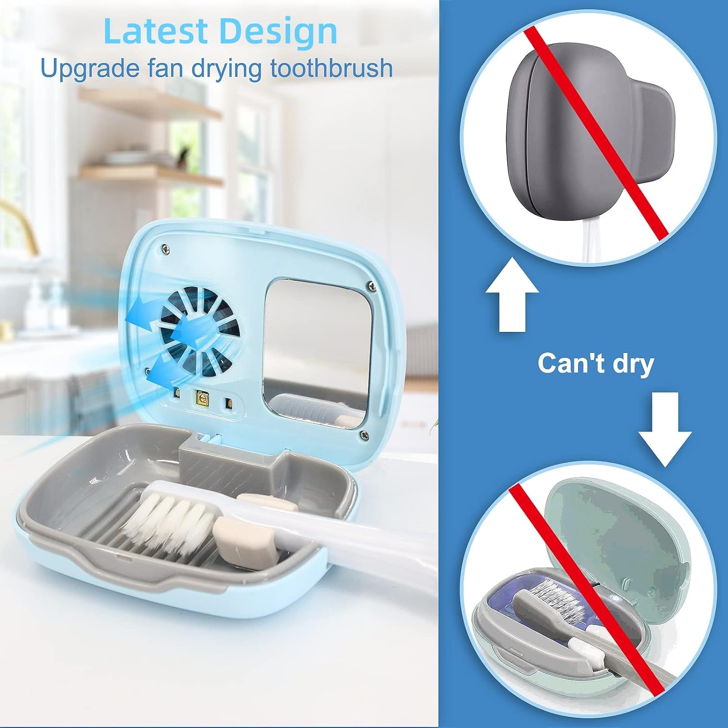 Toothbrush Travel Cover, Toothbrush Travel Case With Air Drying Function, Rechargeable Portable Toothbrush Travel Container with Holder for Household and Travell Blue