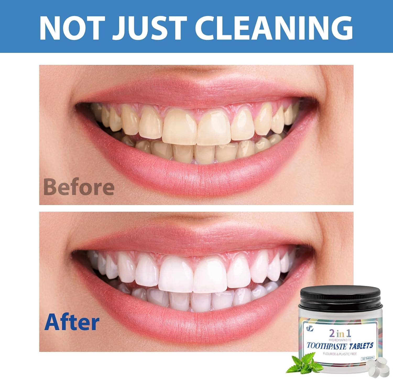 Toothpaste Tablets with Nano Hydroxyapatite – 2-in-1 Chewable Mint Tablets for Fresh Breath & Daily Cleaning, Fluoride-Free, Travel Friendly Jar, 62 Count (1)