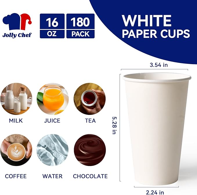 JOLLY CHEF 180 Count 16 oz Coffee Cups, White Drinking Paper Cups for Coffee, Water, Juice, or Tea, Suitable for Party, Picnic, Travel, and Events