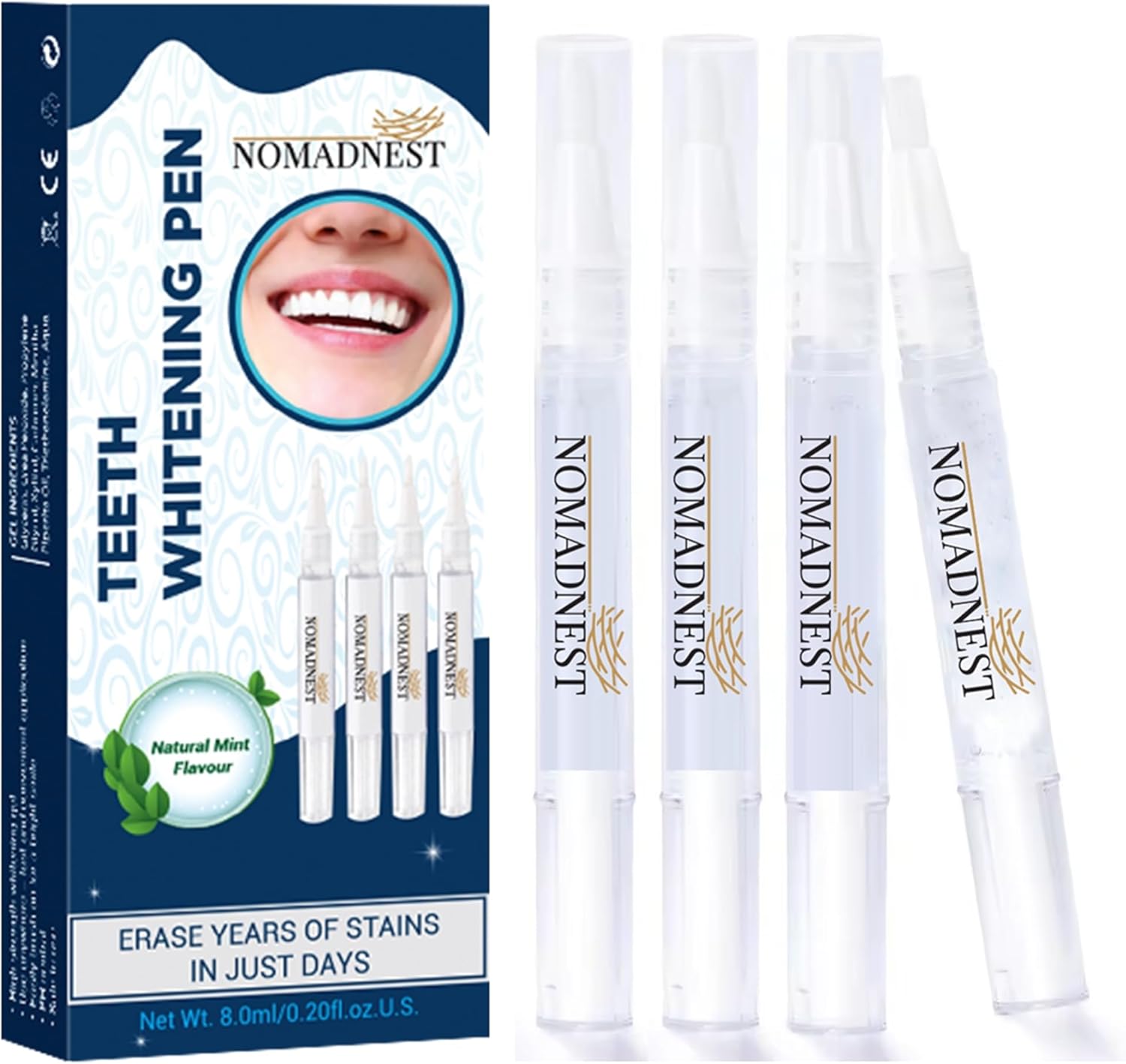 NomadNest Teeth Whitening Pen (4 Pcs) – Painless Teeth Whitener for Sensitive Teeth, Mint Flavor Whitening Gel, Removes Coffee & Tea Stains, Enamel-Safe, Travel-Friendly for a Brighter Smile