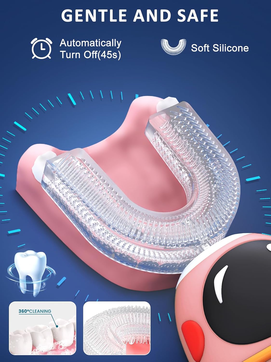 FTOYIN Kids Electric Toothbrush with 3 Brush Heads, U Shaped Ultrasonic Toothbrush Kids with 5 Modes, 45s Smart Reminder, 360-Degree Automatic Cleaning, IPX7 Waterproof Design