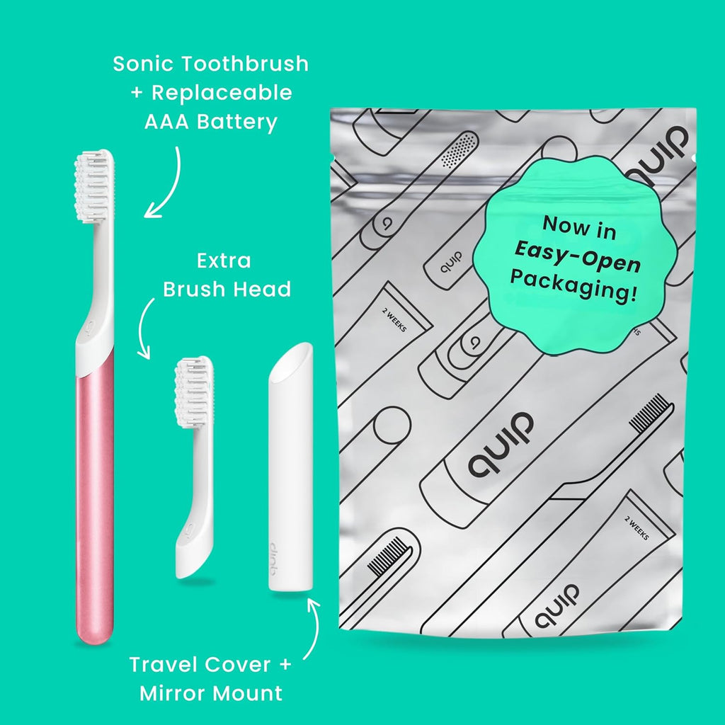 Quip Metal Sonic Electric Toothbrush for Adults - Time Travel & Soft Bristles with Travel Case & Replacement Brush Head - 3 Month Battery Life - Pink