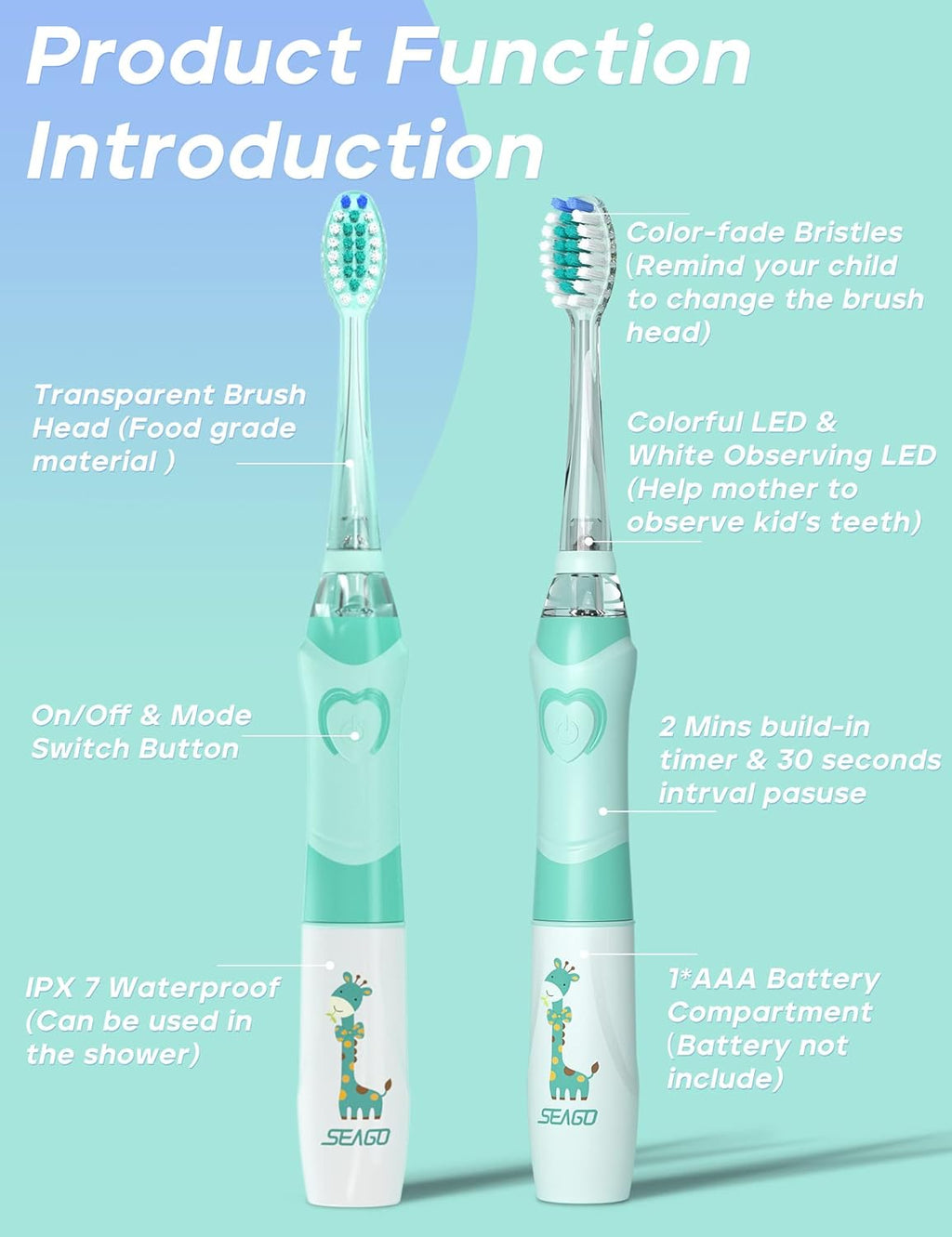 SEAGO Kids Electric Toothbrush with 2 Mins Brushing Timer and 4 Replacement Bursh Heads, Rainbow LED Light Make Brushing Fun, Green Color Boys Battery Powerd Toothbrush for 4-12 Years Old，SG-977