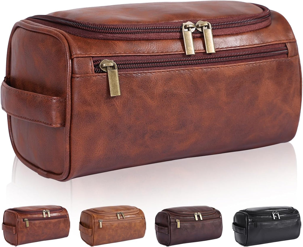 Toiletry Bag for Men, Hanging Travel Shaving Dopp Kit for Men and Women, Water-resistant Toiletries Organizer Bags, PU Leather Cosmetic Bags for Makeup Accessories (Dark Brown)