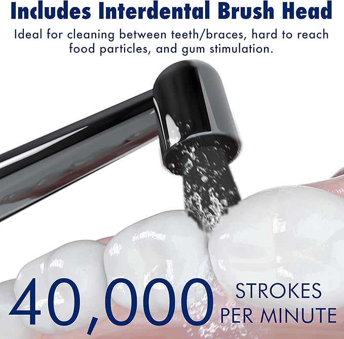 Sonic-FX Solo Electric Toothbrush w/ 10 Brush Heads + 1 Interdental, Charcoal Bristles, Rechargeable, Charging/Storage Base, 3 Brush Modes, Smart Timer, 2 Months Use on Full Charge, Black Color