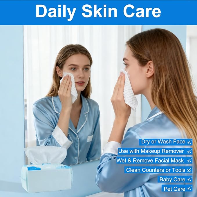 Disposable Face Towels, 240 Count Ultra Soft and Thick Cotton Facial Towels for Sensitive Skin, Dry Wipes Face Tissues Towelettes for Cleansing, Makeup Remover and Skincare