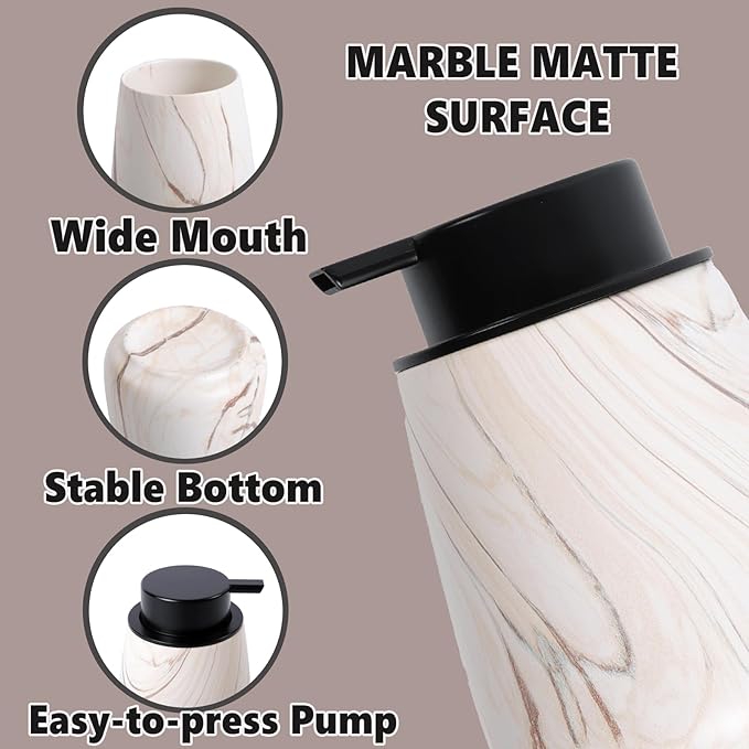 12Oz Ceramic Liquid Soap Dispenser - Modern Lotion Hand Soap Dispenser with Easy-to-Press Black Pump, Reusable and Refillable Dish Soap Dispensers for Bathroom & Kitchen, Marble Brown