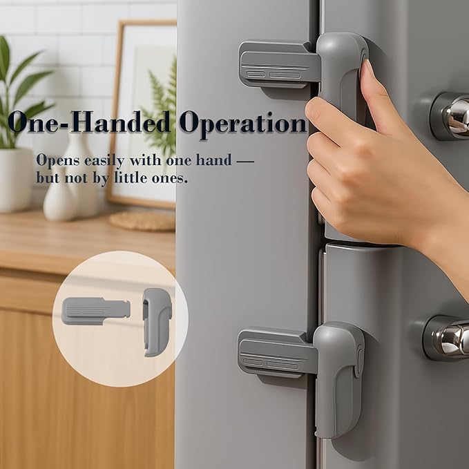 2 Pack Child Proof Fridge Lock, Baby Safety Refrigerator & Freezer Door Lock for Toddlers, Kids & Pets, One-Hand Operation, Strong Adhesive, No Tools or Drilling Needed, Gray