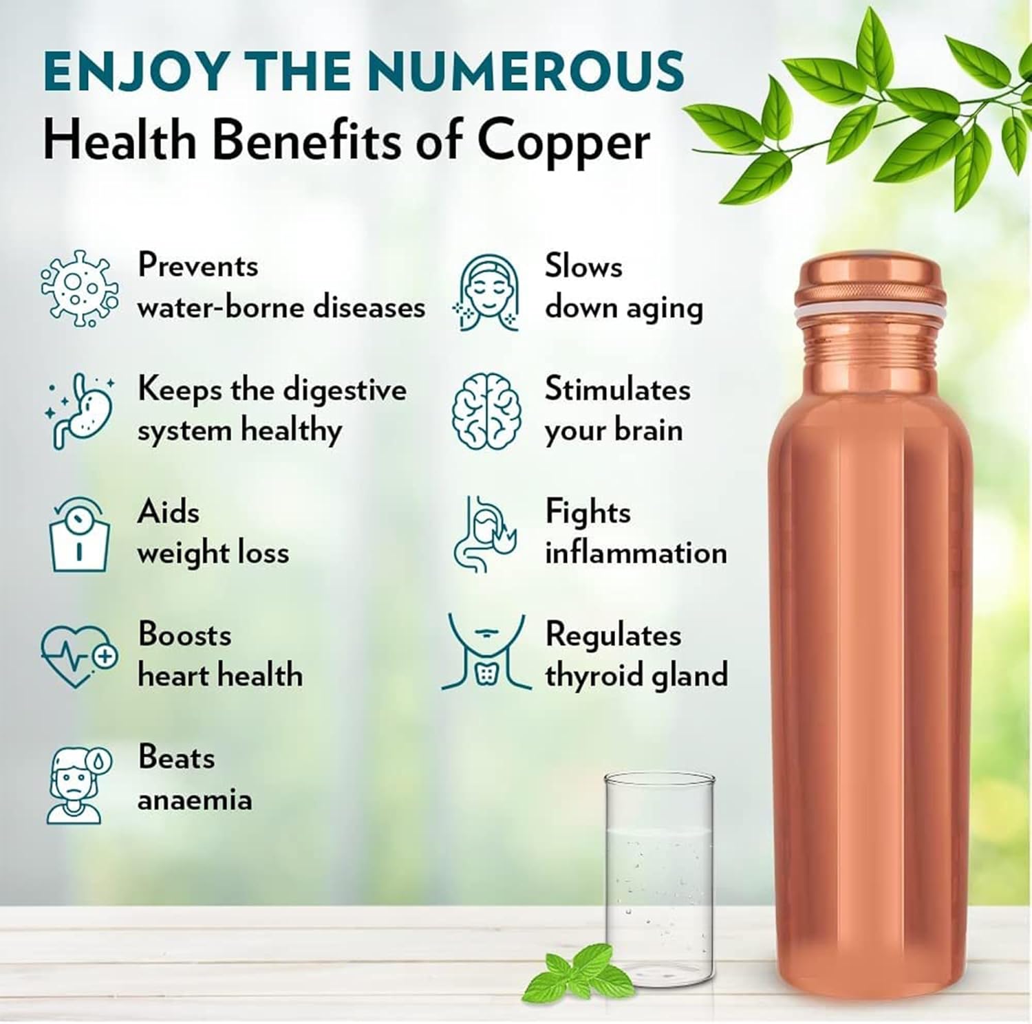 100% Pure Copper Water Bottle for Drinking, Ayurvedic Leak-Proof, Travel-Friendly, Wide Mouth Vessel 34oz
