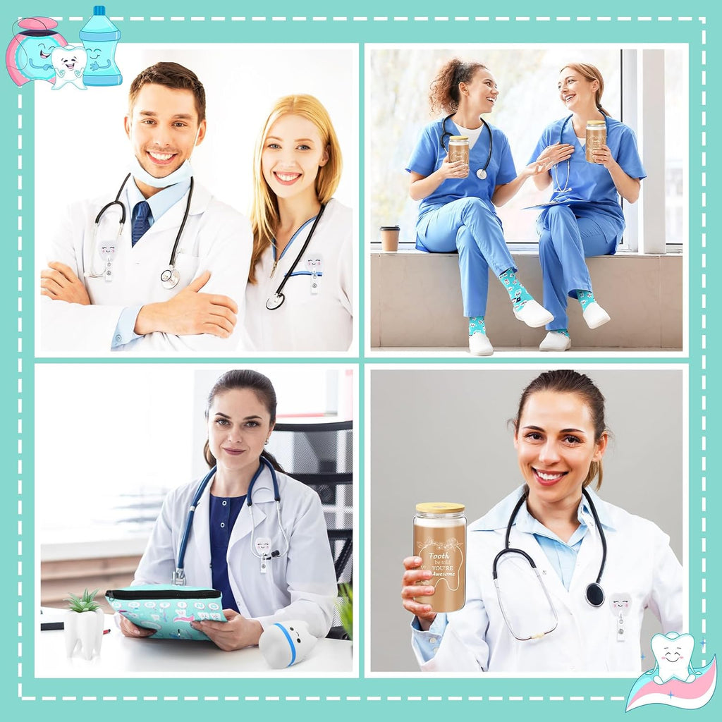 Pickmesh 6 Pcs Dental Gifts Dentist Assistant Hygienist Gifts 16 oz Glass Cups with Lid Makeup Bag Socks Badge Holder Tooth Brush Pot for Women Coworkers Doctor Nurse Christmas Accessories(Blue)
