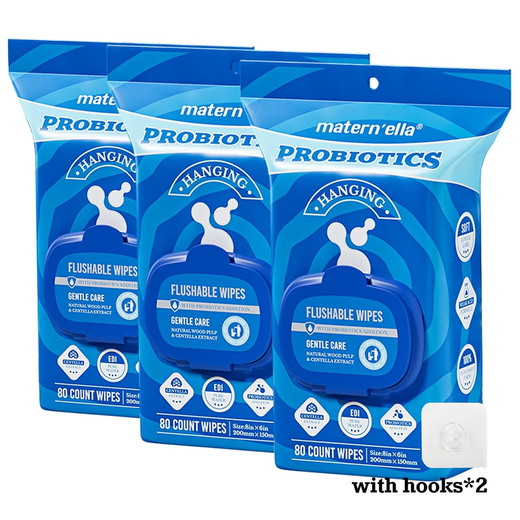 matern'ella Hanging Flushable Wipes Unscented Extra Large Corner-Connected Wet Wipes Adult Plant Based Fibers with Probiotics Alcohol Free Sewer Safe Butt Wipe Travel 3 Packs of 80 Wipes