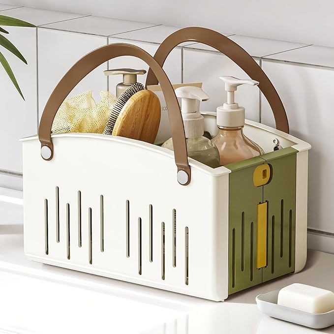 Delamu Portable Shower Basket Caddy with Double Handle Foldable Dry Wet Separation Design 11.0 × 7.1 × 6.5in, Travel, Camping, Gym, College Bathroom Tote, WhiteGreen, Ideal Christmas Gifts for Girls