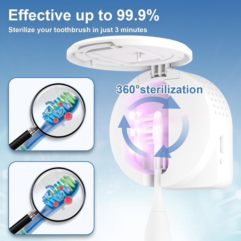 UV Toothbrush Sanitizer Holder, Toothbrush Sanitizer and Holder Cover Caps with Fan Drying, Rechargeable Portable Toothbrush Cleaner Case Fits Most Electric and Manual Toothbrushes (White)
