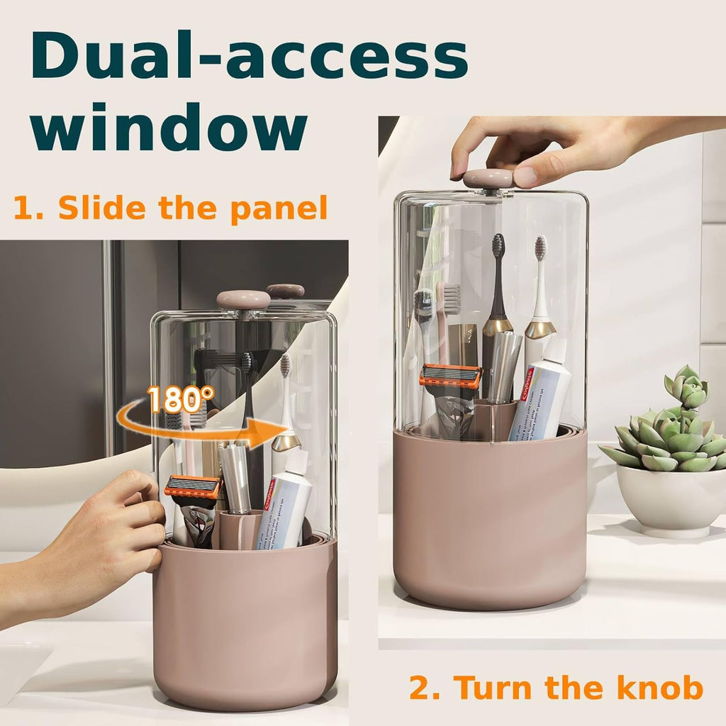 Toothbrush Holder with Cover 360 Rotating 4 Compartments Bathroom Toothpaste Electric Toothbrush Organizer, Pink