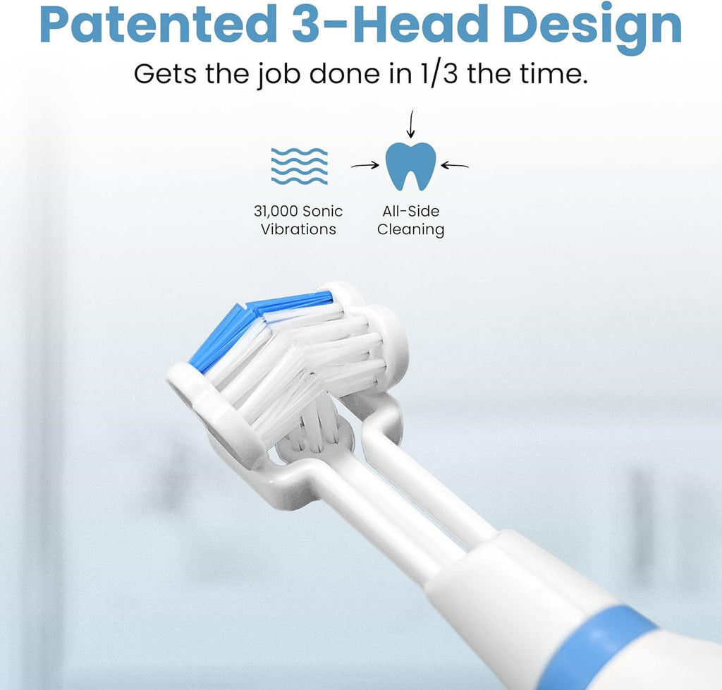 Triple Bristle Original Sonic Toothbrush | Rechargeable 31,000 VPM Tooth Brush | Patented 3 Head Design | Angled Bristles Clean Each Tooth | Dentist Approved | Triple Bristle Original + Oral Care Kit