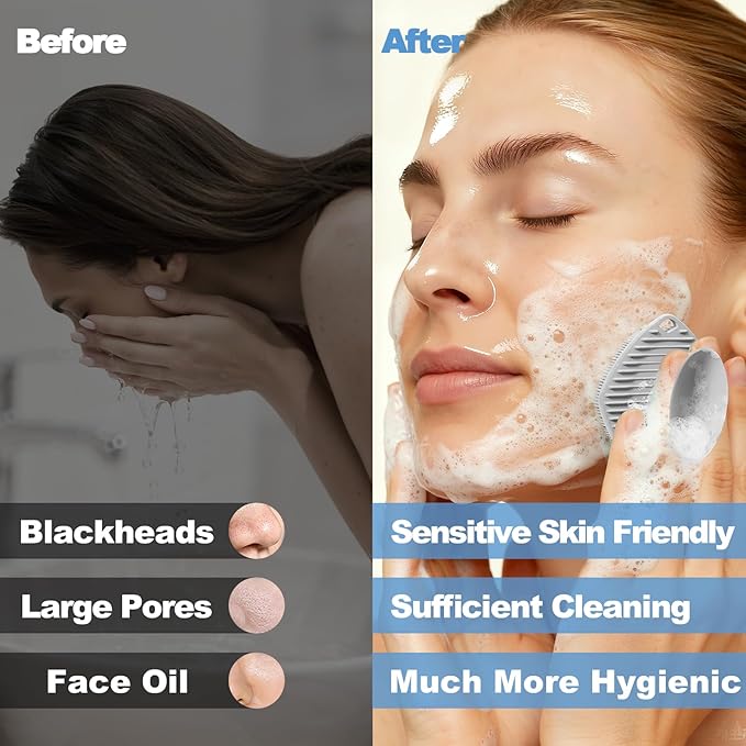 2 Pack Face Scrubbers, Silicone Face Scrubber Soft Bristles, Gentle Lather, Exfoliating & Deep Cleaning for Sensitive Skin, Giant Suction Cup Stick Securely, Easy to Store (Black + Gray)